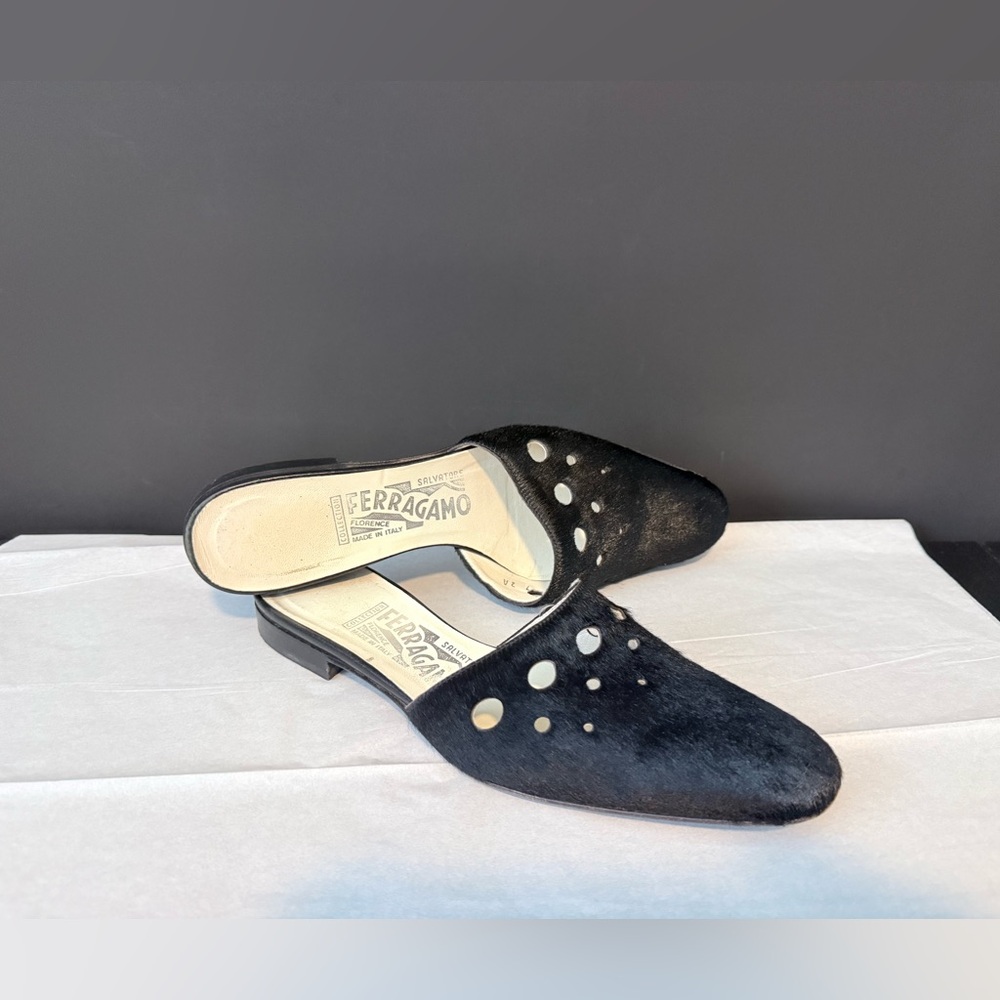 Ferragamo black pony hair mules size 7